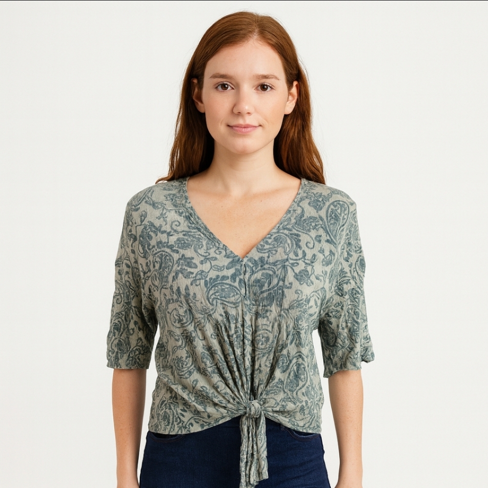 Luq Green Crepe Paisley Twist Knot Blouse Plus Sz Lg
